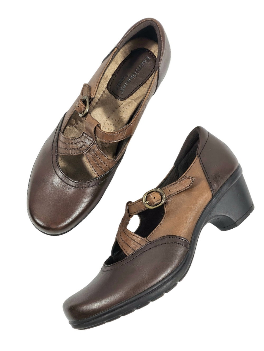 Earth Origins Regina Two Tone Brown Tan Leather T-Strap Low Block Heel Mary Jane